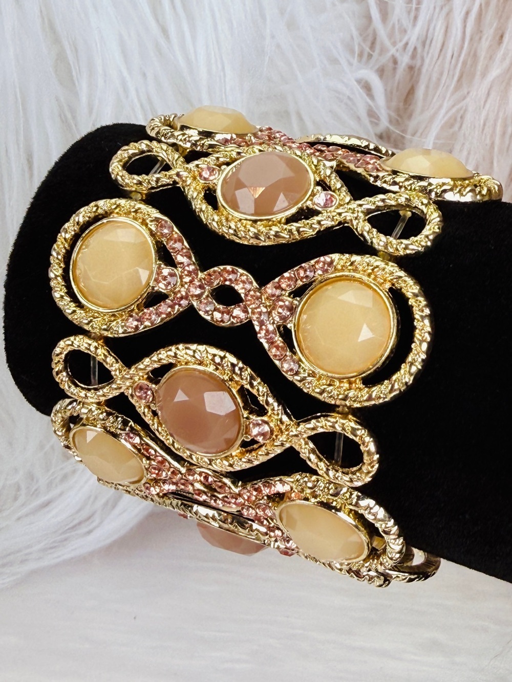 Gorgeous wideband goldtone neutral color stretch bracelet